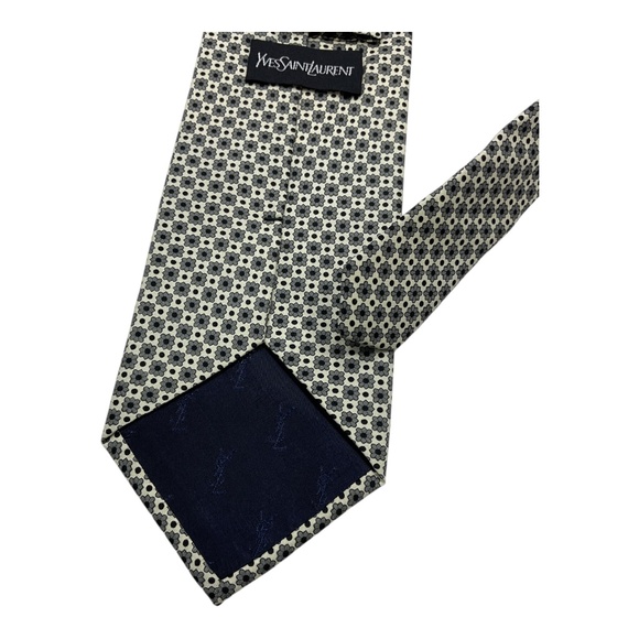 🆕YVES SAINT LAURENT Gray/Ivory Floral Polka Dot Silk LUXURY Tie ITALY - Picture 4 of 4